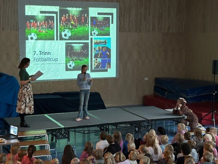 en person og person på scenen med en projektorskjerm og en folkemengde som ser på