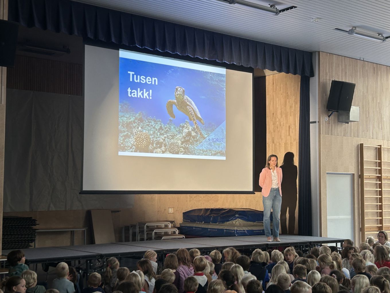 en person som står på en scene foran en folkemengde
